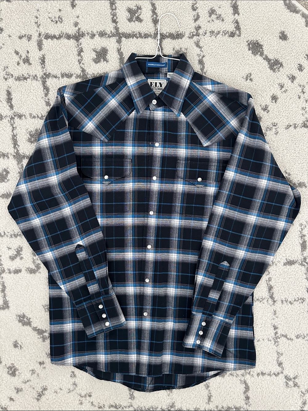 Ely Cattleman Navy and Light Blue Plaid Western Shirt